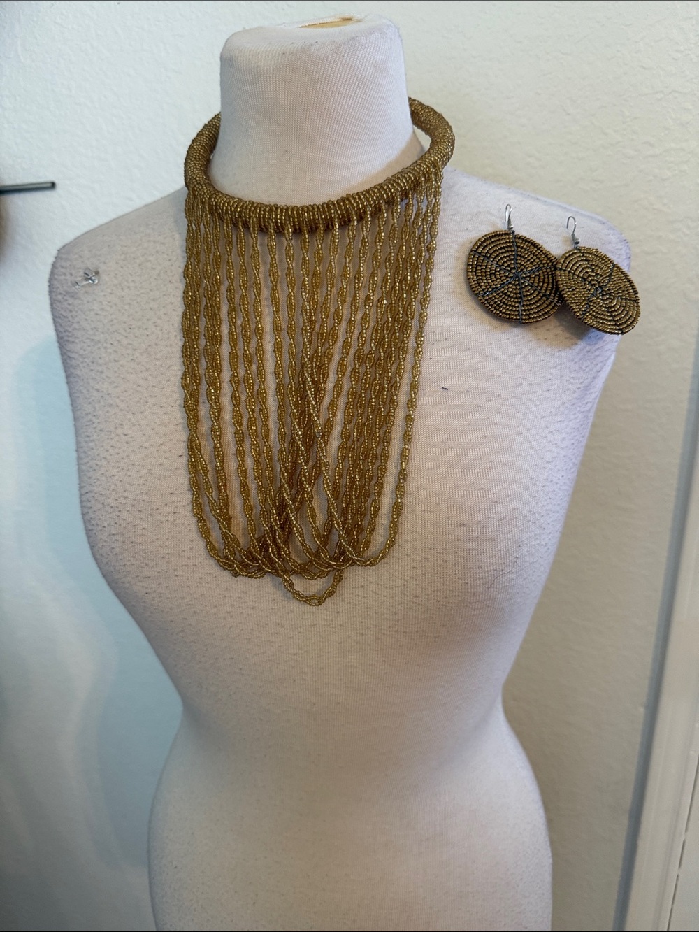 Gold Multi-Strand Beaded Necklace with Matching Earrings. NWOT